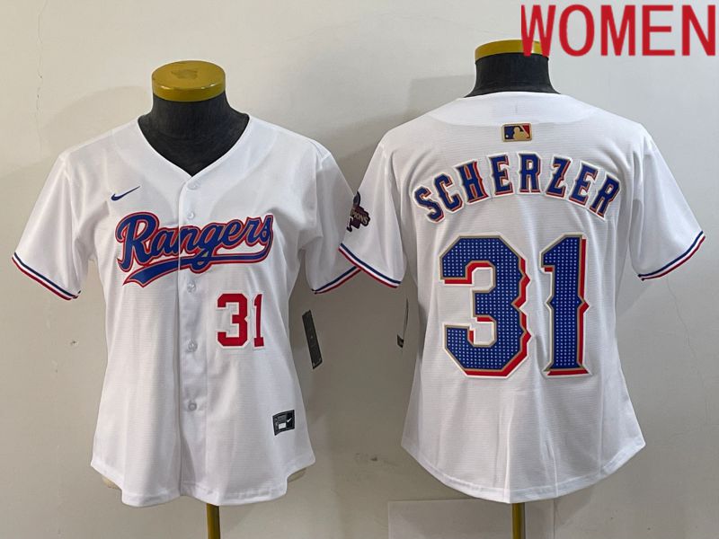 Women Texas Rangers #31 Scherzer White Champion Game Nike 2024 MLB Jersey style 4
